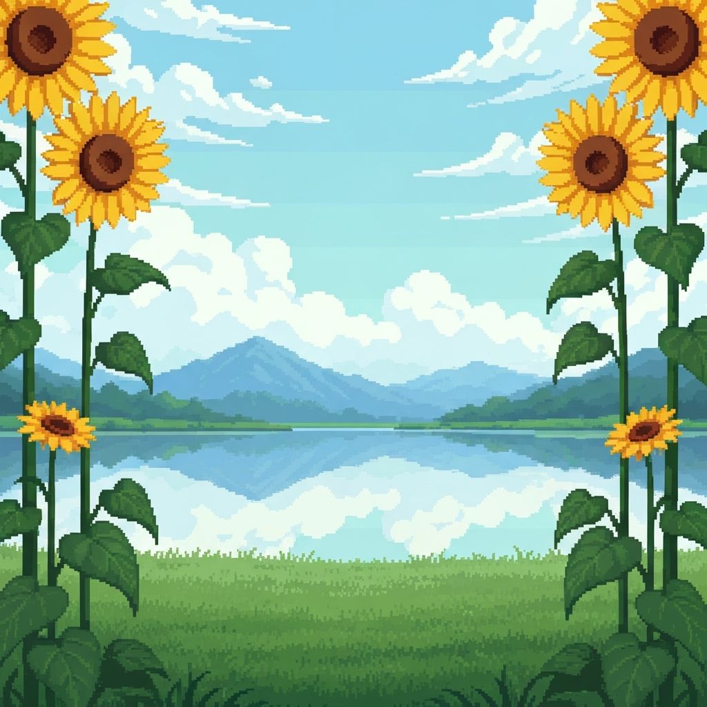 Pixel art landscape with sunflowers, mountains, and a lake