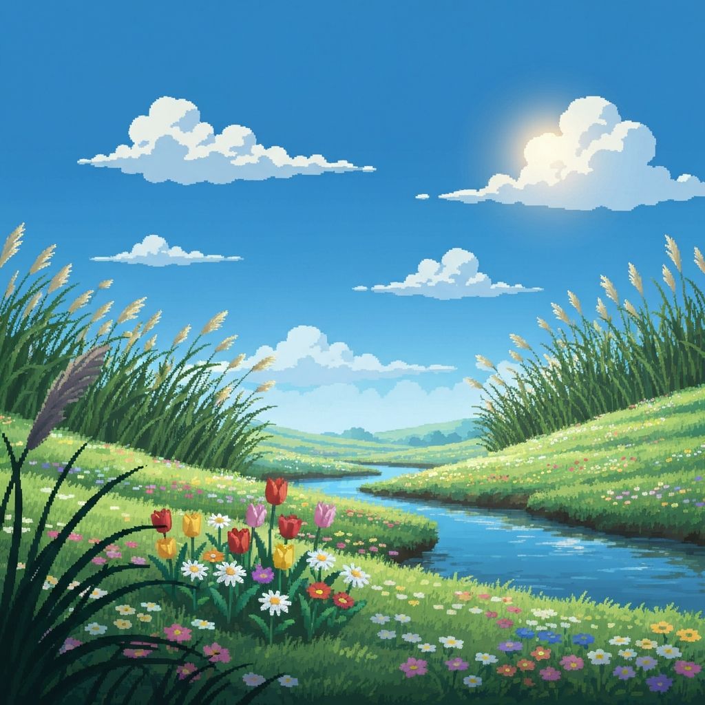 Pixel art meadow with poppies and wildflowers